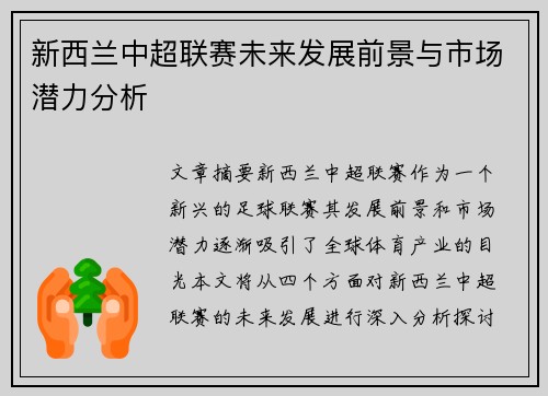 新西兰中超联赛未来发展前景与市场潜力分析