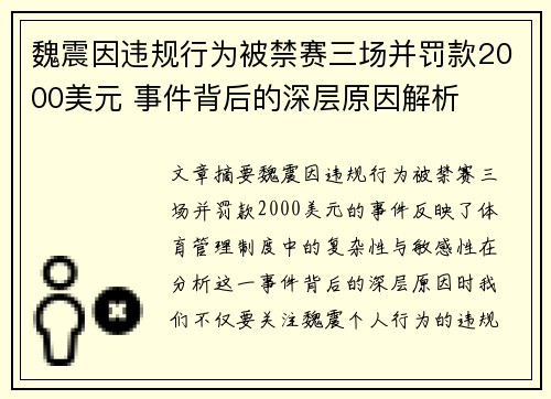 魏震因违规行为被禁赛三场并罚款2000美元 事件背后的深层原因解析